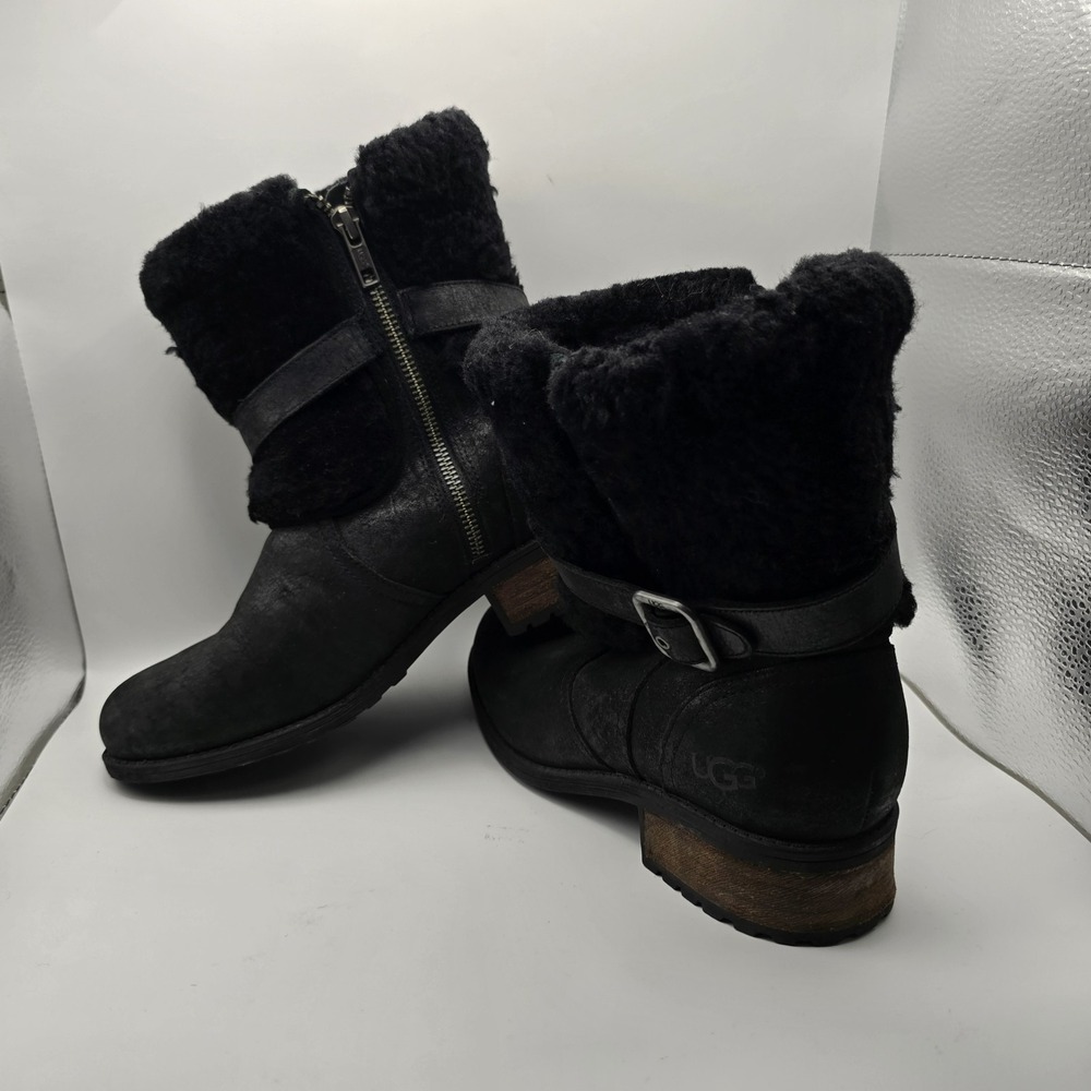 UGG Blayre II Black Leather Shearling Sherpa Flat Ankle Boots Buckle Size 7